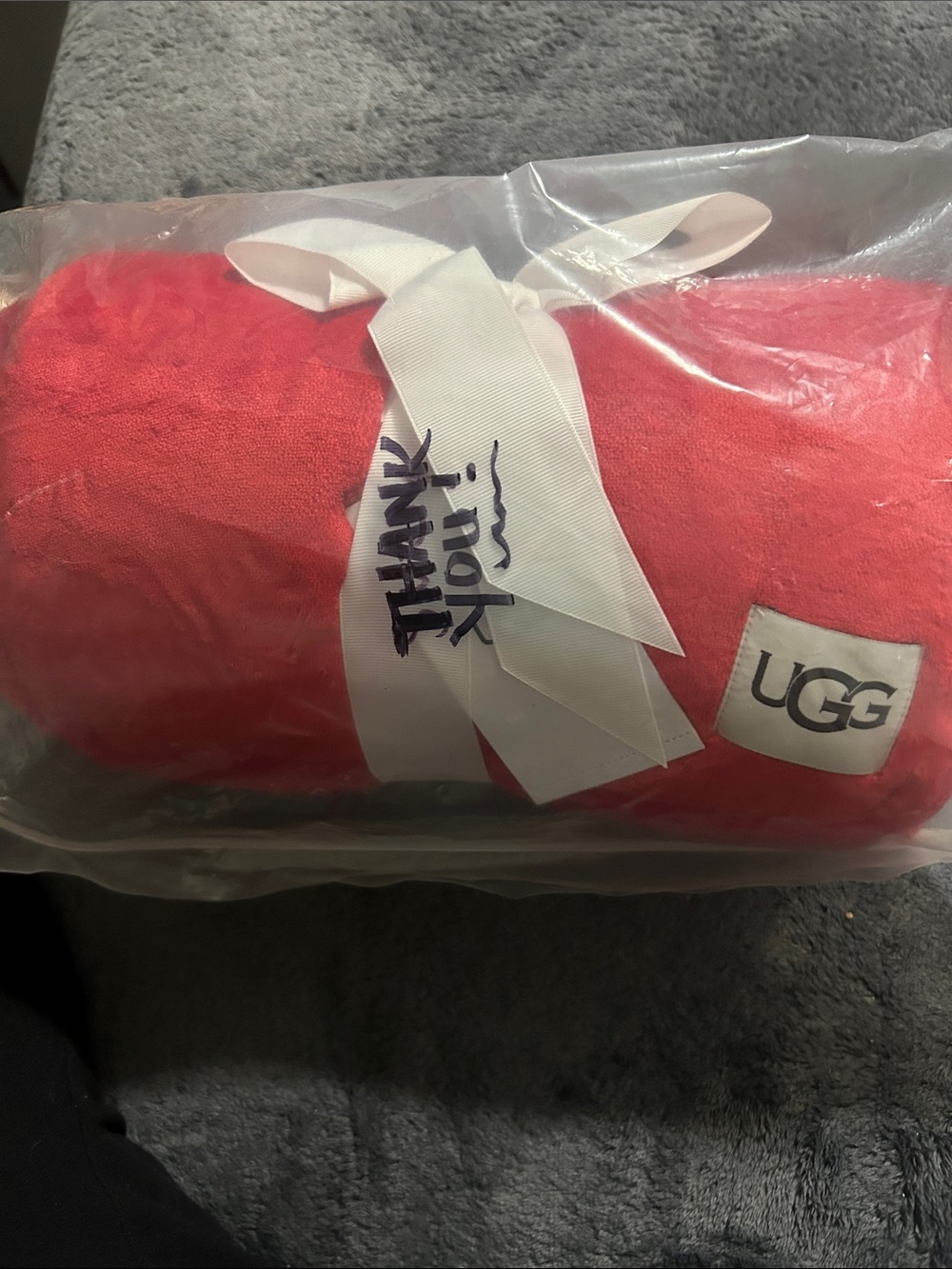 UGG Coral-Red Plush Throw Blanket with Ribbon